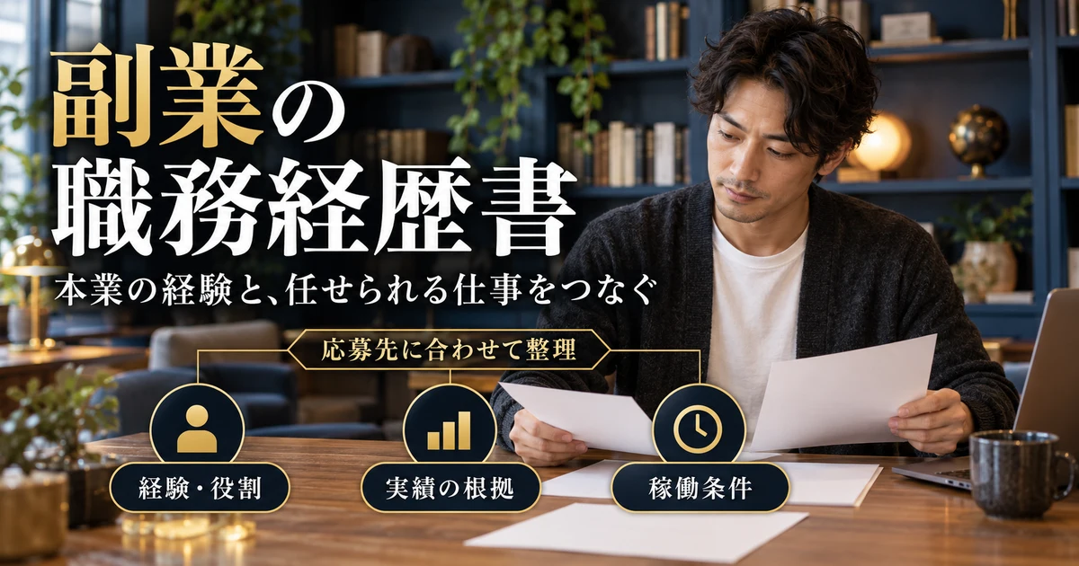 副業の職務経歴書で経験、実績の根拠、稼働条件を整理する説明用生成画像