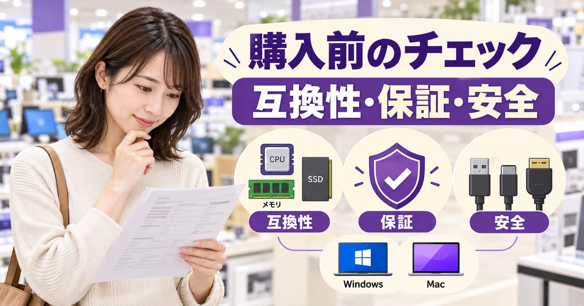 購入前のチェック: 互換性・保証・安全を示す説明用生成画像