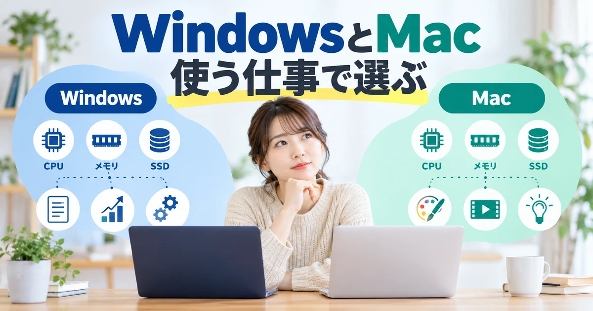 WindowsとMac: 使う仕事で選ぶを示す説明用生成画像