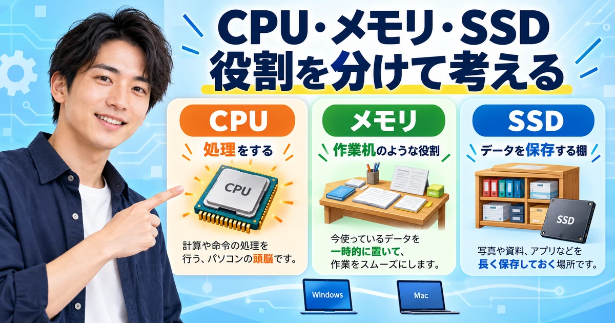 CPU・メモリ・SSD: 役割を分けて考えるを示す説明用生成画像