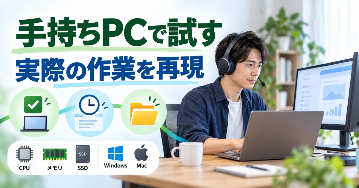 手持ちPCで試す: 実際の作業を再現を示す説明用生成画像
