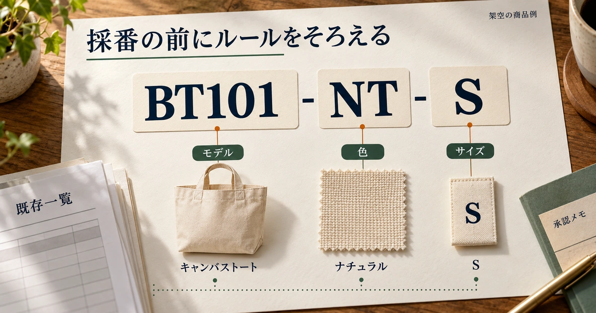 BT101-NT-Sをモデル、色、サイズへ分け、既存資料と採番ルールを照合する図