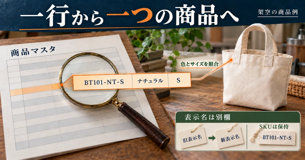 SKUマスタの一行をナチュラルSのトートと照合し、表示名変更でもコードを保つ考え方