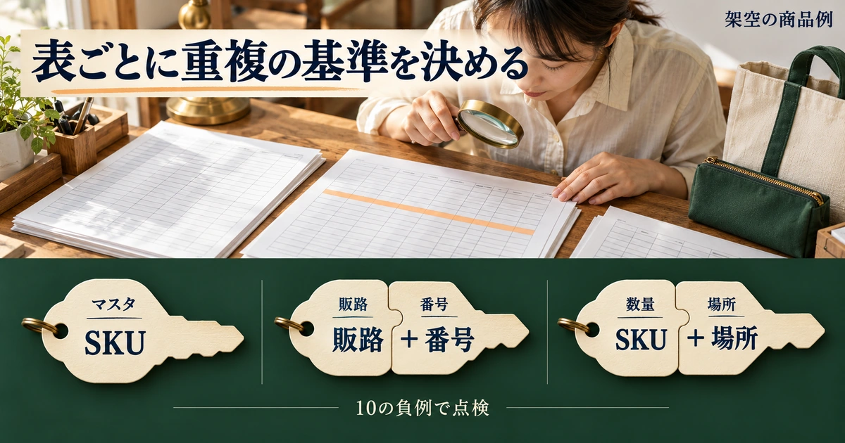 マスタ、販路対応、保管場所別数量で一行を特定するキーが異なることを示す点検図
