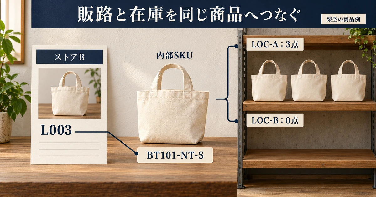 ストアBのL003をBT101-NT-Sへ結び、LOC-A3点とLOC-B0点を別に記録する模式図