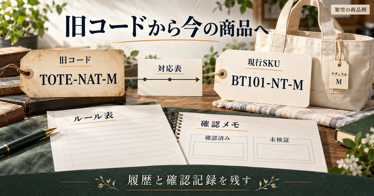 旧コードTOTE-NAT-Mから現行BT101-NT-Mへたどり、変更履歴と確認記録を引き継ぐ図