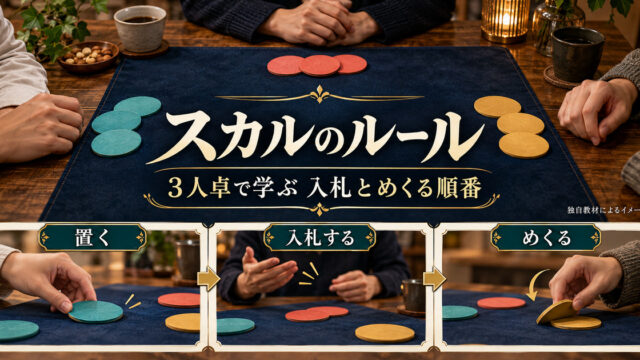 スカルを3人卓で学ぶための置く・入札する・めくるの概念画像