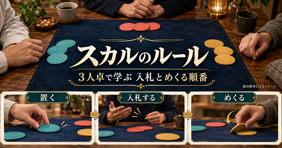 スカルを3人卓で学ぶための置く・入札する・めくるの概念画像