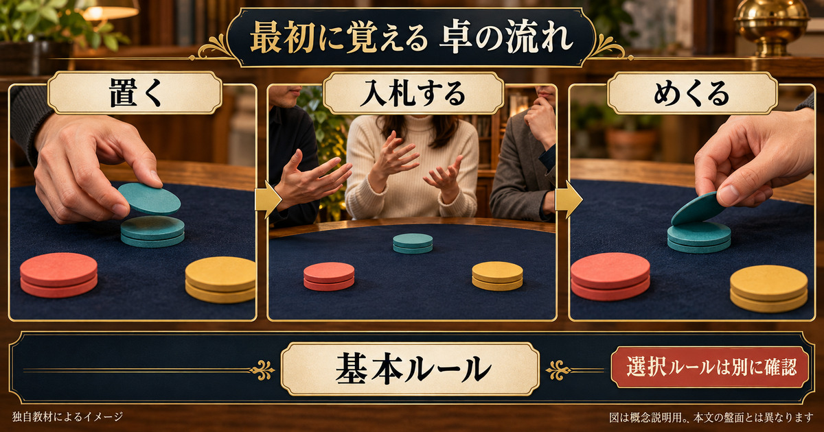 置く・入札する・めくるの順と選択ルールを別に確認する学習の流れ