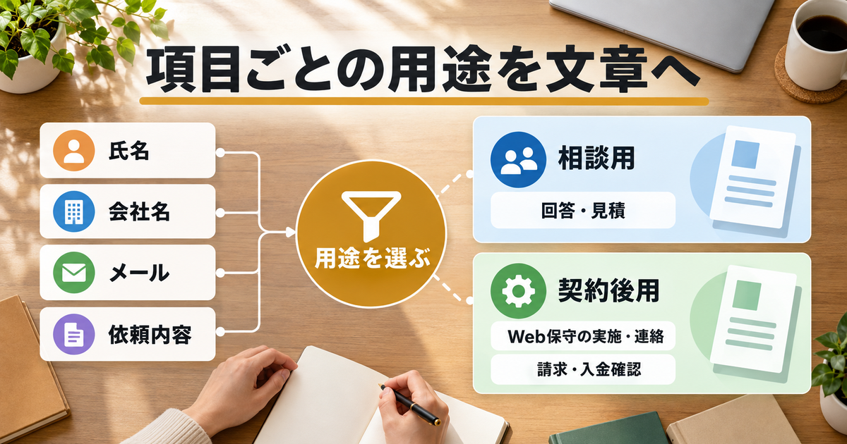 氏名・会社名・メール・依頼内容それぞれの用途を選び、相談用と契約後用の説明へまとめる