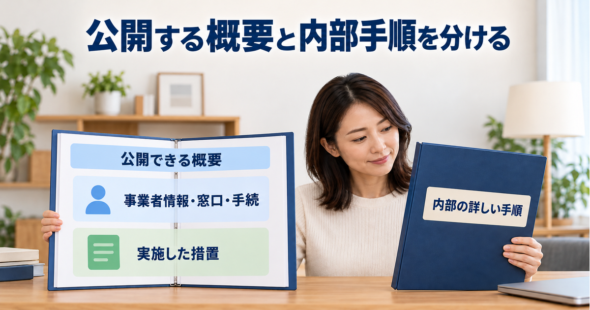 事業者情報や窓口・手続、実施した措置の公開できる概要と、内部の詳しい手順を分ける
