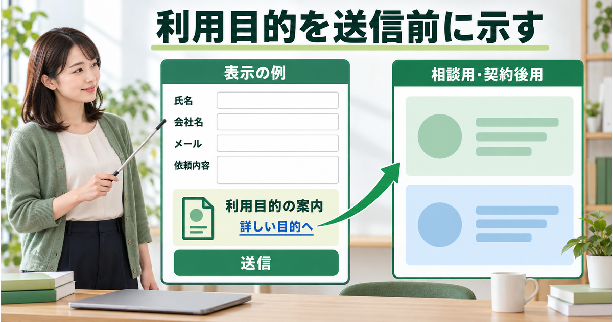 四項目の入力フォームで、送信前に利用目的の案内と相談用・契約後用の詳細へ進む導線を示す配置例