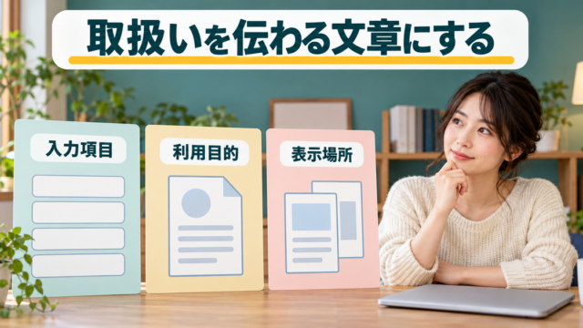 Web保守の個人事業者が入力項目、利用目的の文章、表示場所を照合する