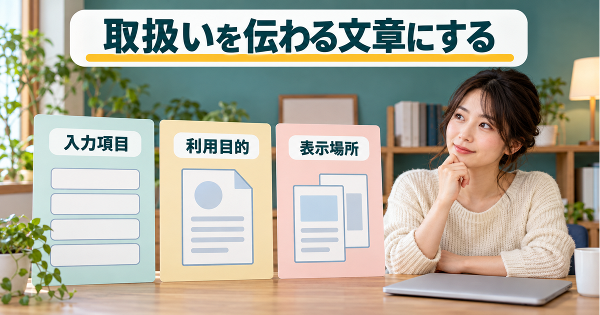 Web保守の個人事業者が入力項目、利用目的の文章、表示場所を照合する