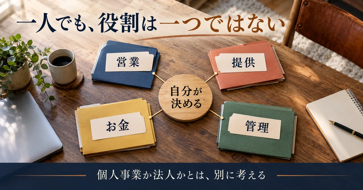 営業、提供、お金、管理の四つの役割を一人起業で考える説明用生成画像