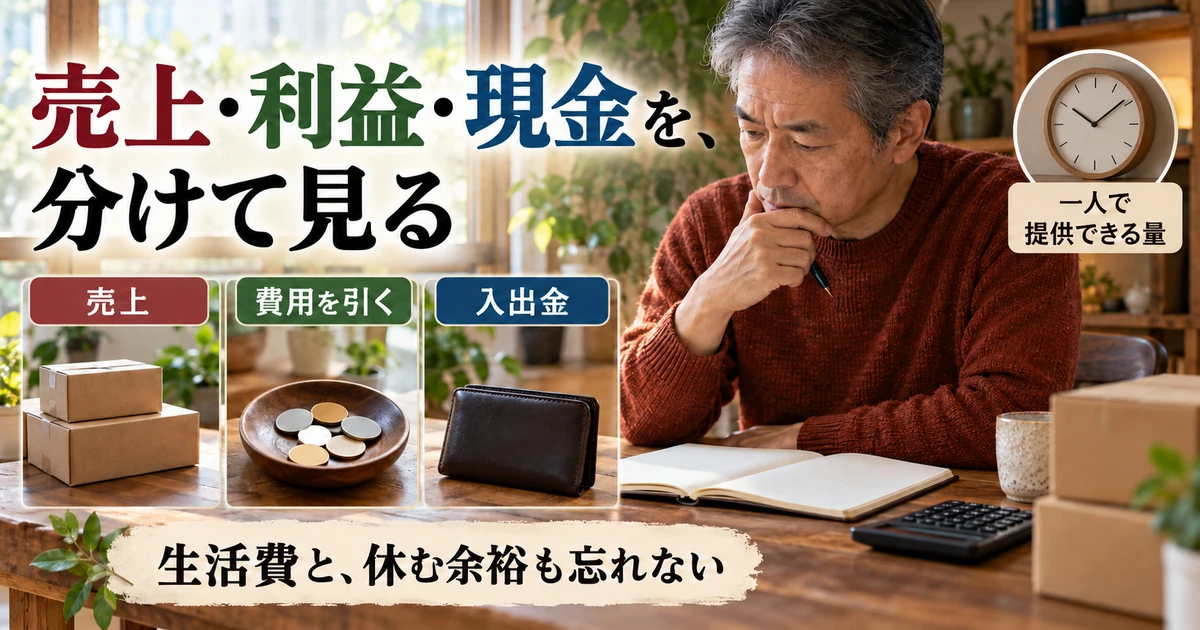 売上、費用と利益、入出金と一人で提供できる量を分ける説明用生成画像