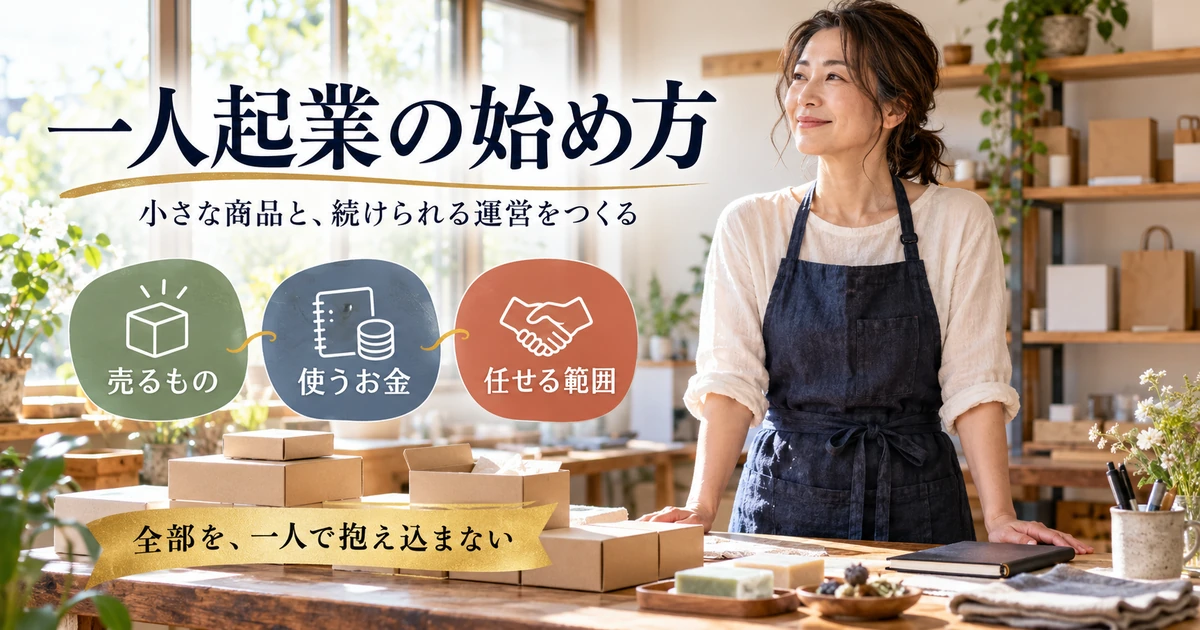 一人起業で売るもの、使うお金、任せる範囲を整理する説明用生成画像