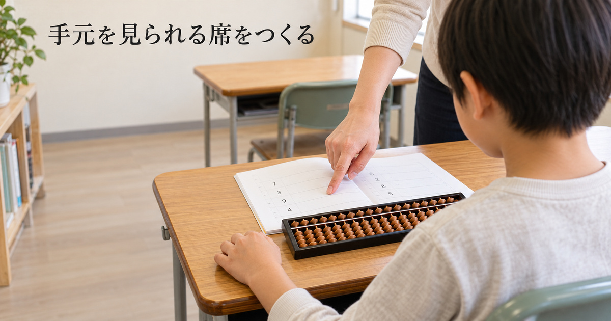 講師側から手元のそろばんと教材を見渡し、座席の配置を検討する架空の教室イメージ