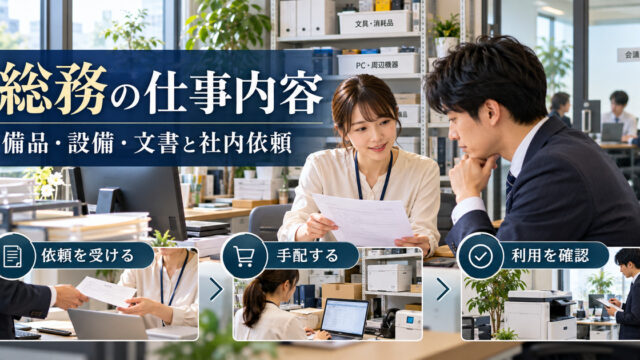 総務の備品・設備・文書と社内依頼の仕事を示した説明画像