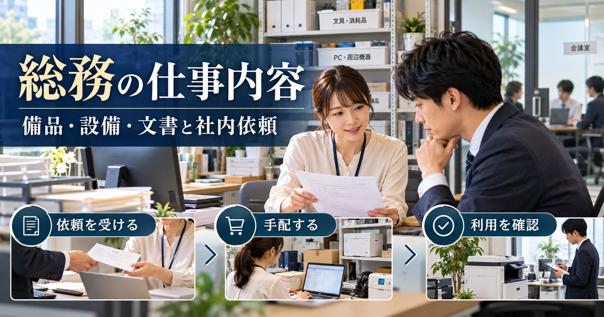 総務の備品・設備・文書と社内依頼の仕事を示した説明画像