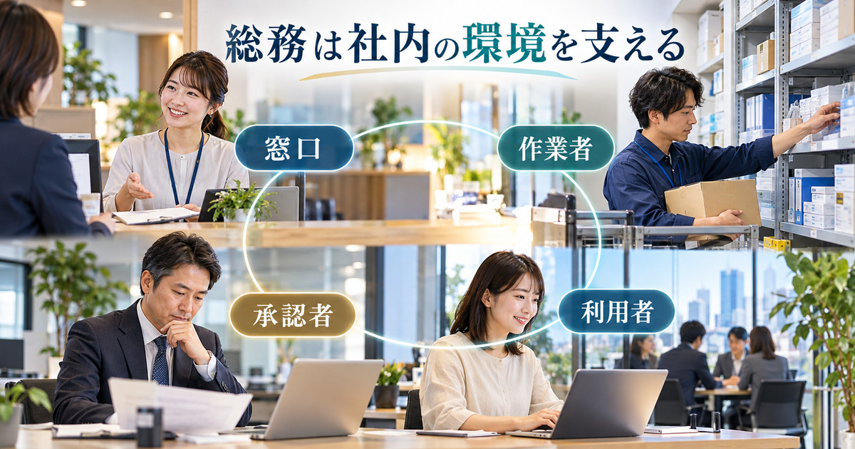 窓口・作業者・承認者・利用者の分担を表した総務の仕事のイメージ