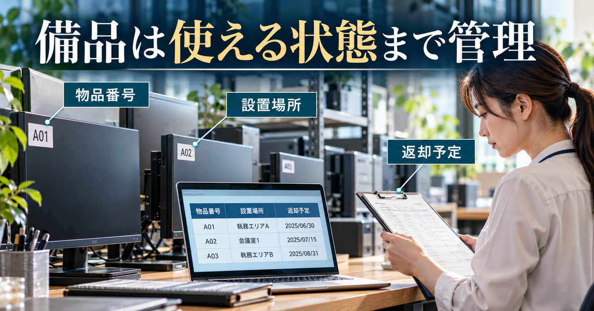 備品の物品番号・設置場所・返却予定を確認する教材イメージ