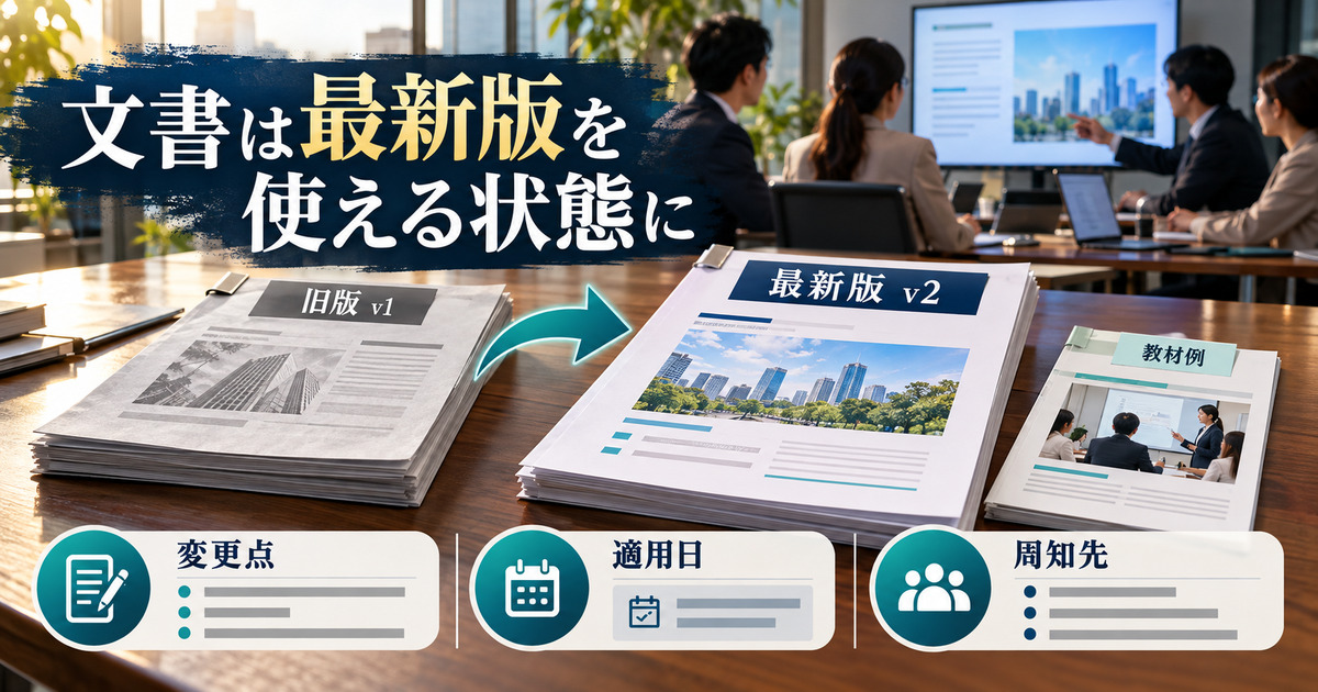 旧版から最新版へ社内文書を切り替え、変更点・適用日・周知先を確認する図