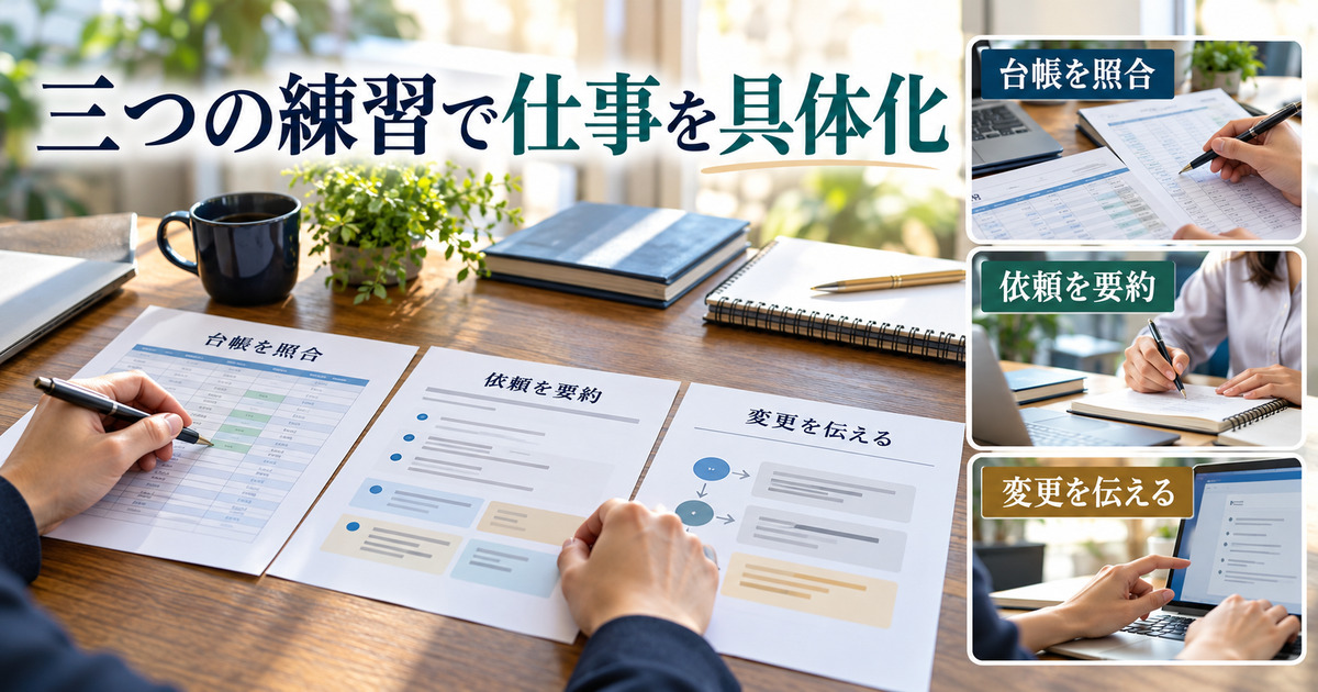 台帳照合・依頼要約・変更連絡の三つの練習を示す教材イメージ