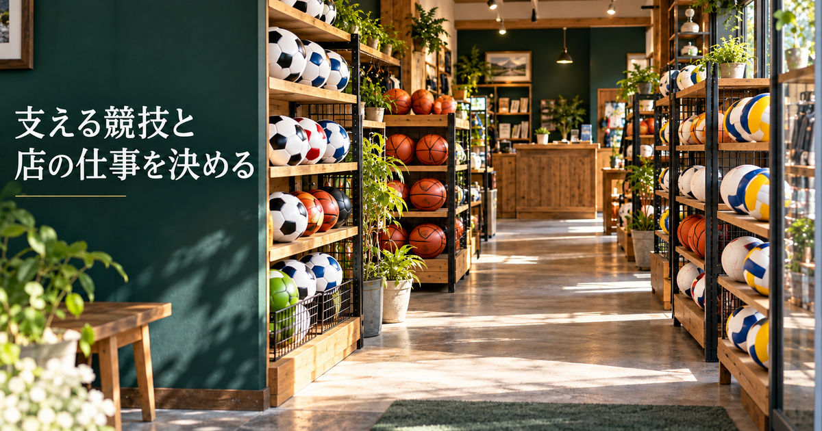 扱う球技用ボールの棚と通路・受渡し場所を考える、架空の売場イメージ