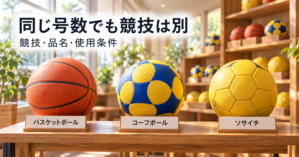 競技の異なる三つのボールを分けて示す、架空の比較イメージ。実製品の仕様写真ではありません