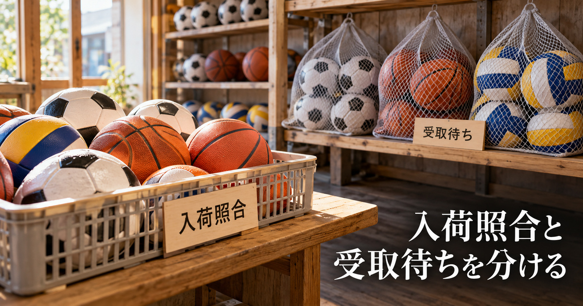 入荷照合のかごと受取待ちのチーム分を分ける、架空の保管イメージ