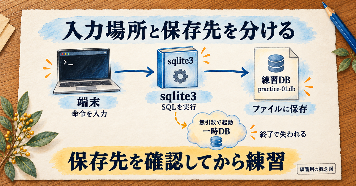 SQLを入力する場所とデータベースファイルの関係