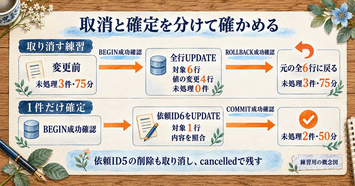 UPDATE対象行数と実際の状態変化を分け、取消と確定を比べる例