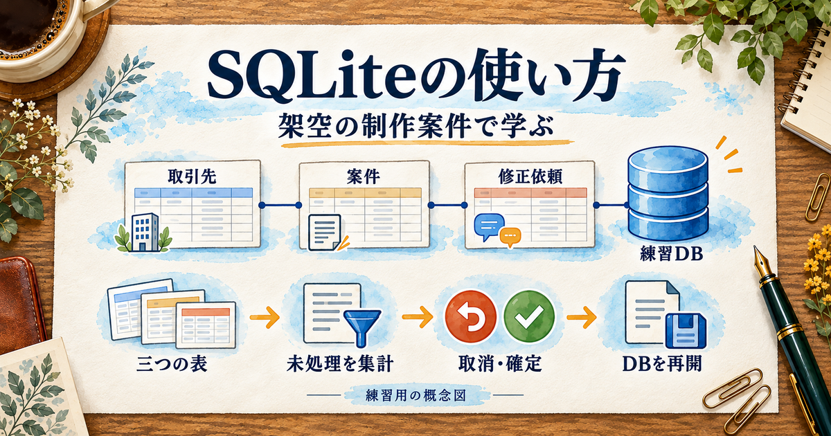 架空の制作案件を三つの表に分けてSQLを練習する流れ