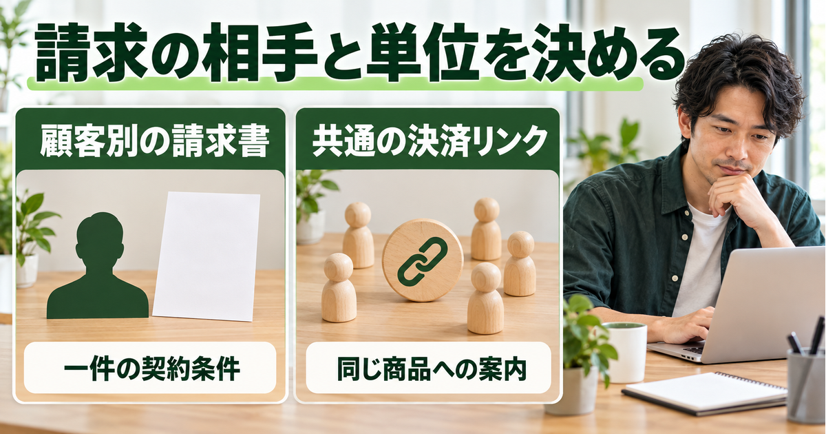 顧客別の請求書と共通の決済リンクを、契約条件と案内する相手の単位で比べる