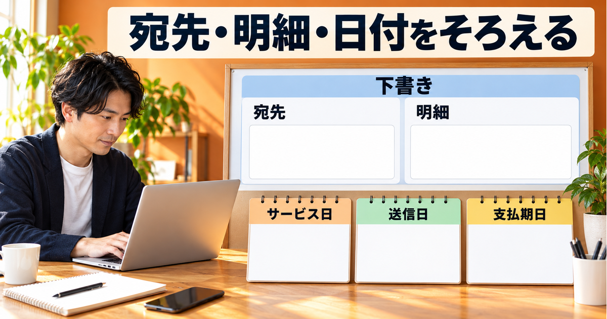 下書きの宛先や明細と、サービス日、送信日、支払期日を別々に確認する