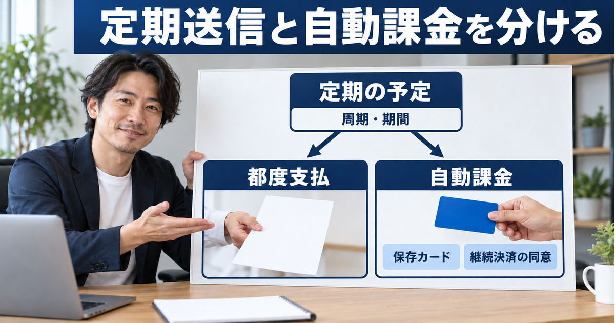 定期の予定と都度支払を分け、自動課金には保存カードと継続決済の同意を確認する