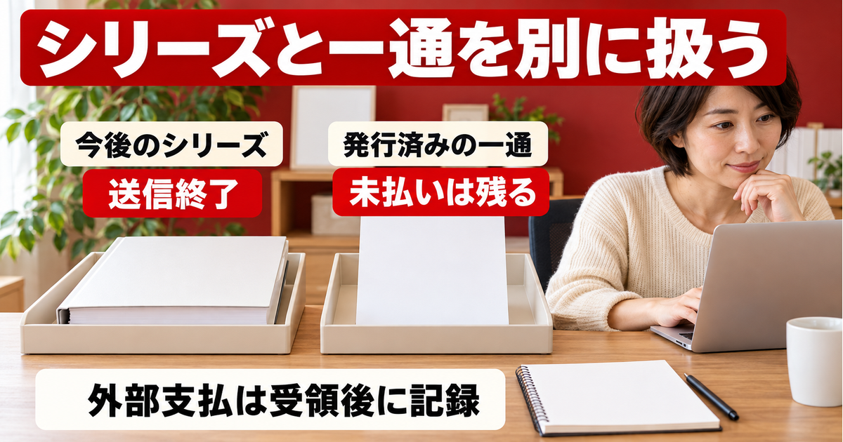 今後のシリーズを終了しても発行済みの未払い一通は残り、外部支払は受領後に記録する