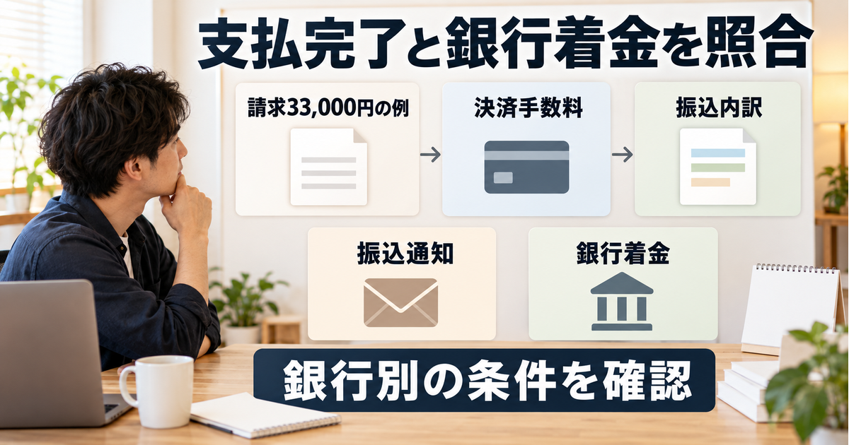 33,000円の請求例と決済手数料、振込内訳を照合し、振込通知と銀行着金を分けて確認する