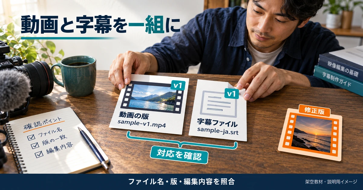 対応する動画の版とSRT字幕ファイルを一組にして確認する模式図