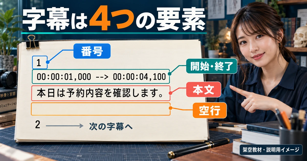 番号、開始と終了の時刻、本文、字幕間の空行というSRTの4要素