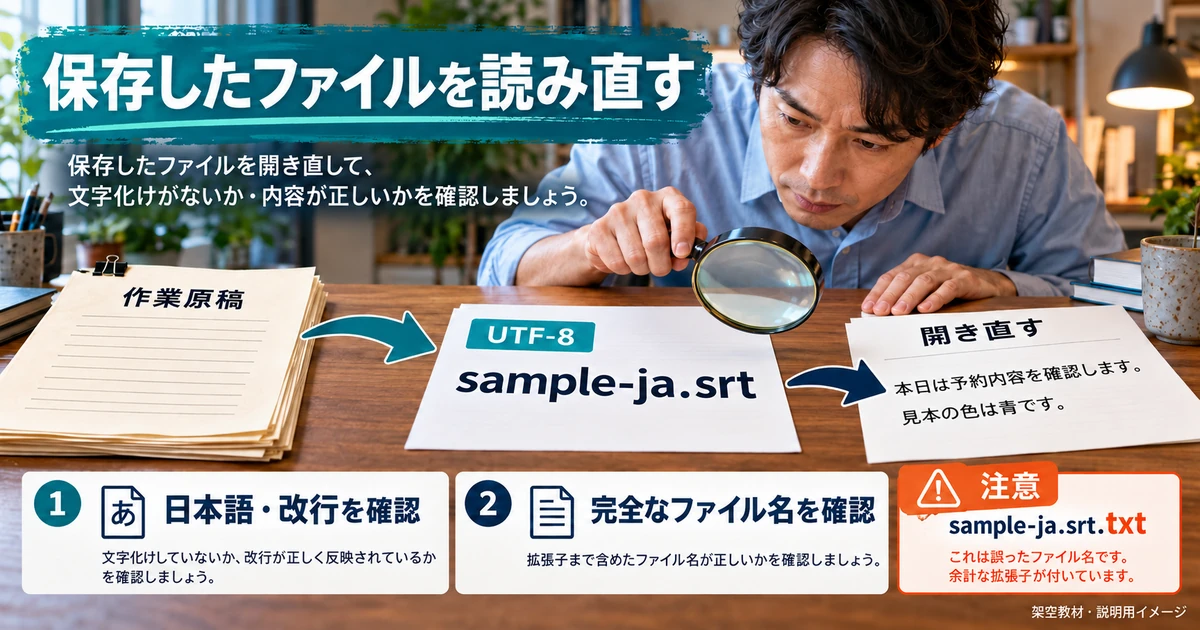 UTF-8のsrtファイルとして保存し、ファイル名と日本語や改行を開き直して確認する流れ