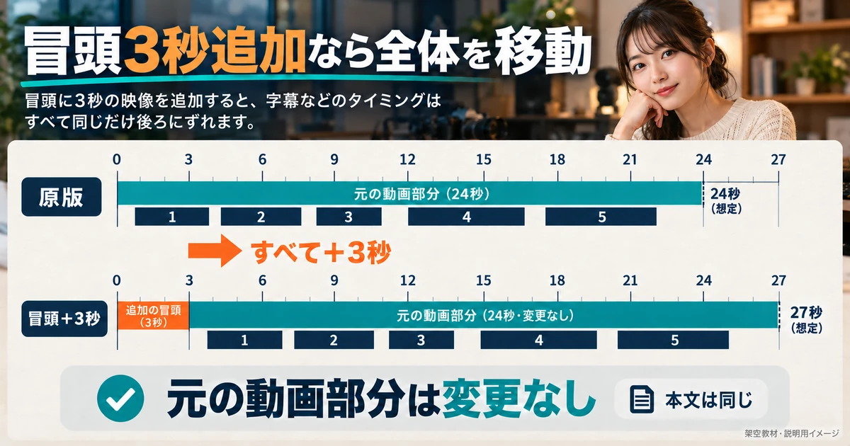 元の動画部分を変えず冒頭に3秒を追加し、5字幕を同じだけ後ろへ移す模式図