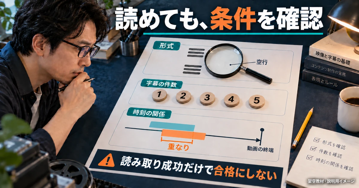 字幕の形式、件数、前後の時刻と動画尺を分けて点検する模式図