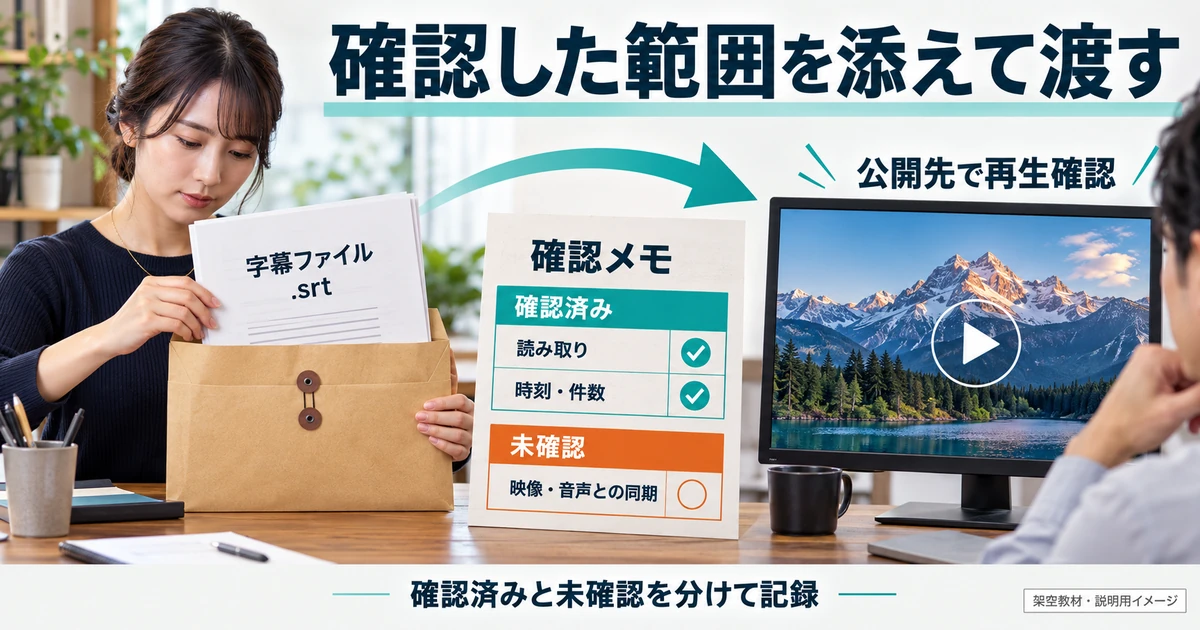 SRTファイルに確認記録と未確認項目を添え、受け取り先で表示を確かめる流れ