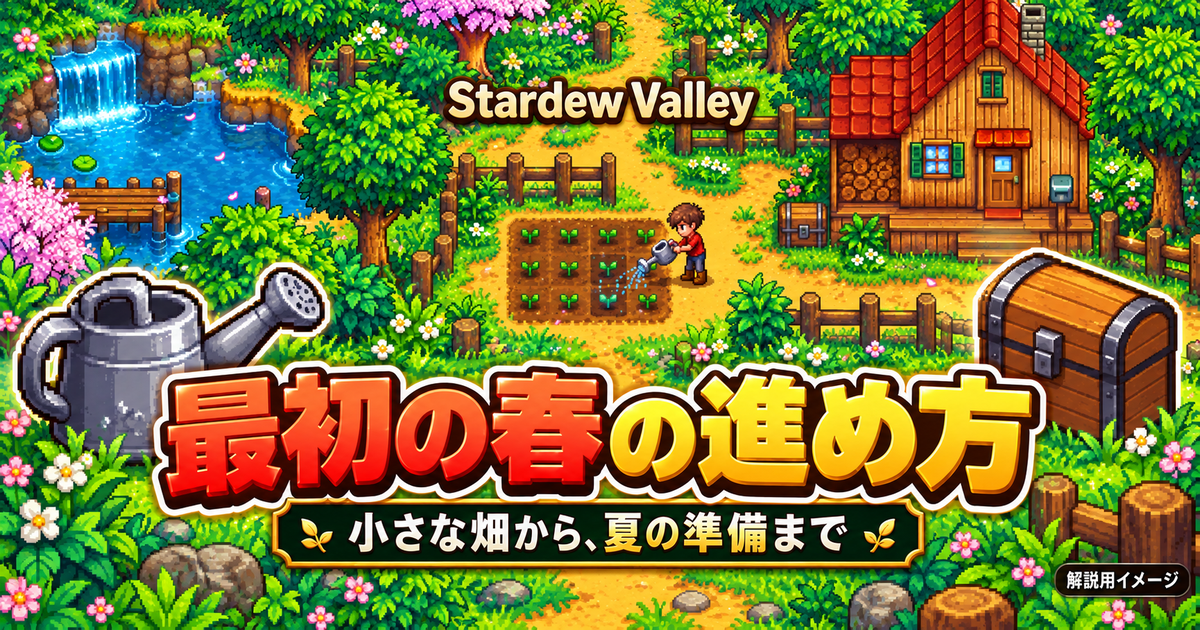 春の小さな畑で水やりをする農場主と収納箱を描いた、スターデューバレー初心者向けの解説用イメージ。