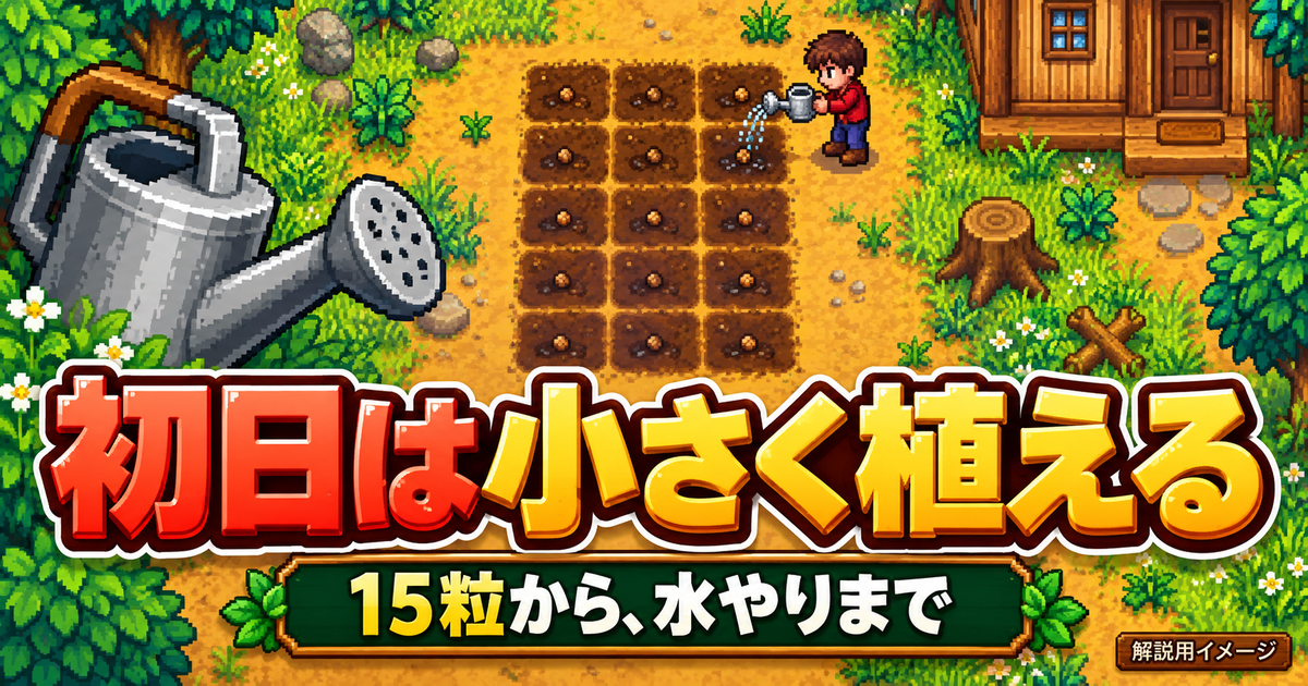 家の近くの3列5マスにまいた種へ水を与え、周囲の通り道を残した初日の作業例。