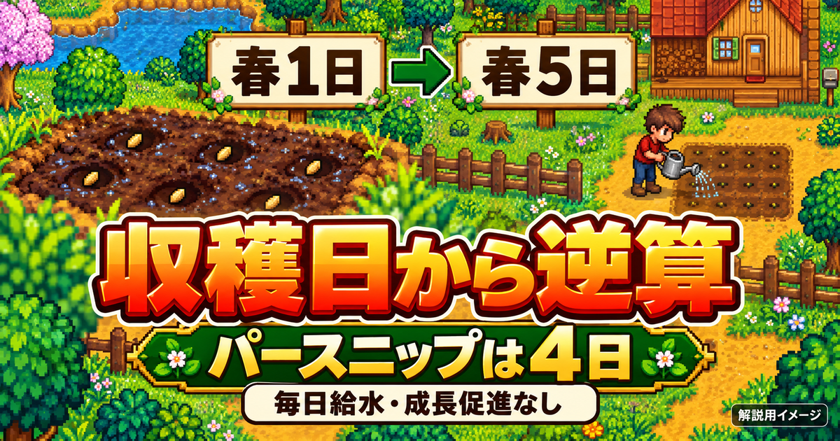 成長促進なしで毎日水を与えたパースニップは、春1日の種まきから4日後の春5日が収穫目安になる数え方。