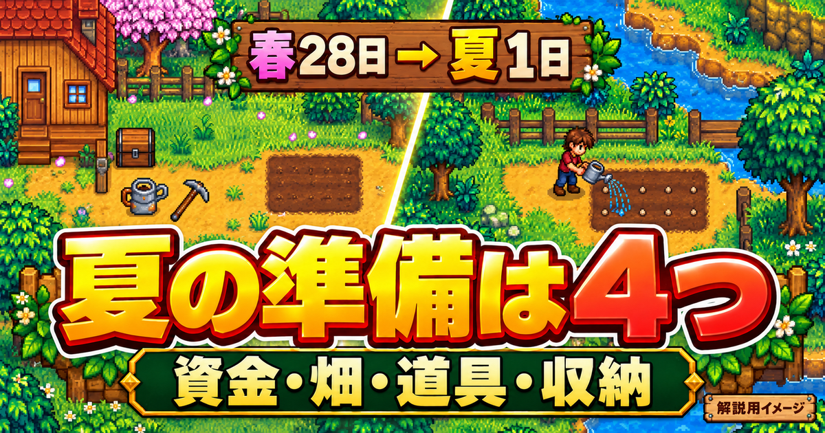 春28日から夏1日への移行に向け、資金・畑・道具・収納を確認して小さな畑を再開するイメージ。