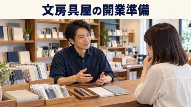 文房具店の店主と成人客が商品選びについて話すイメージ